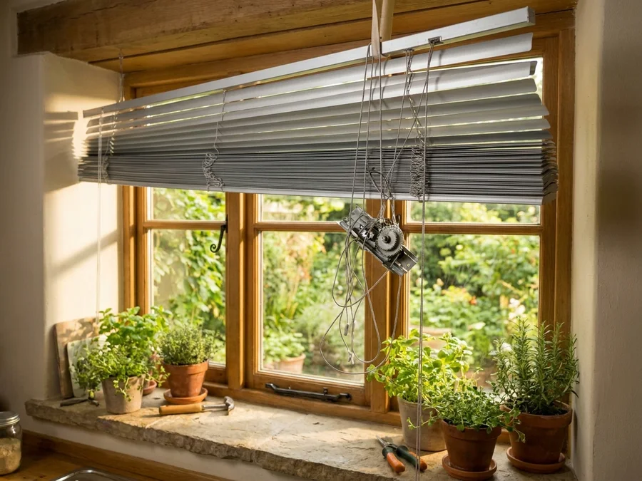 Venetian blind tilt mechanism and slat stack being repaired in an Irene kitchen