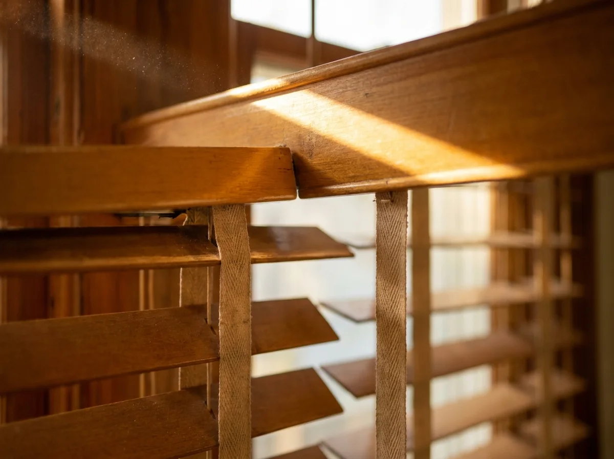 Close-up of a timber venetian headrail and ladder tape in warm afternoon light