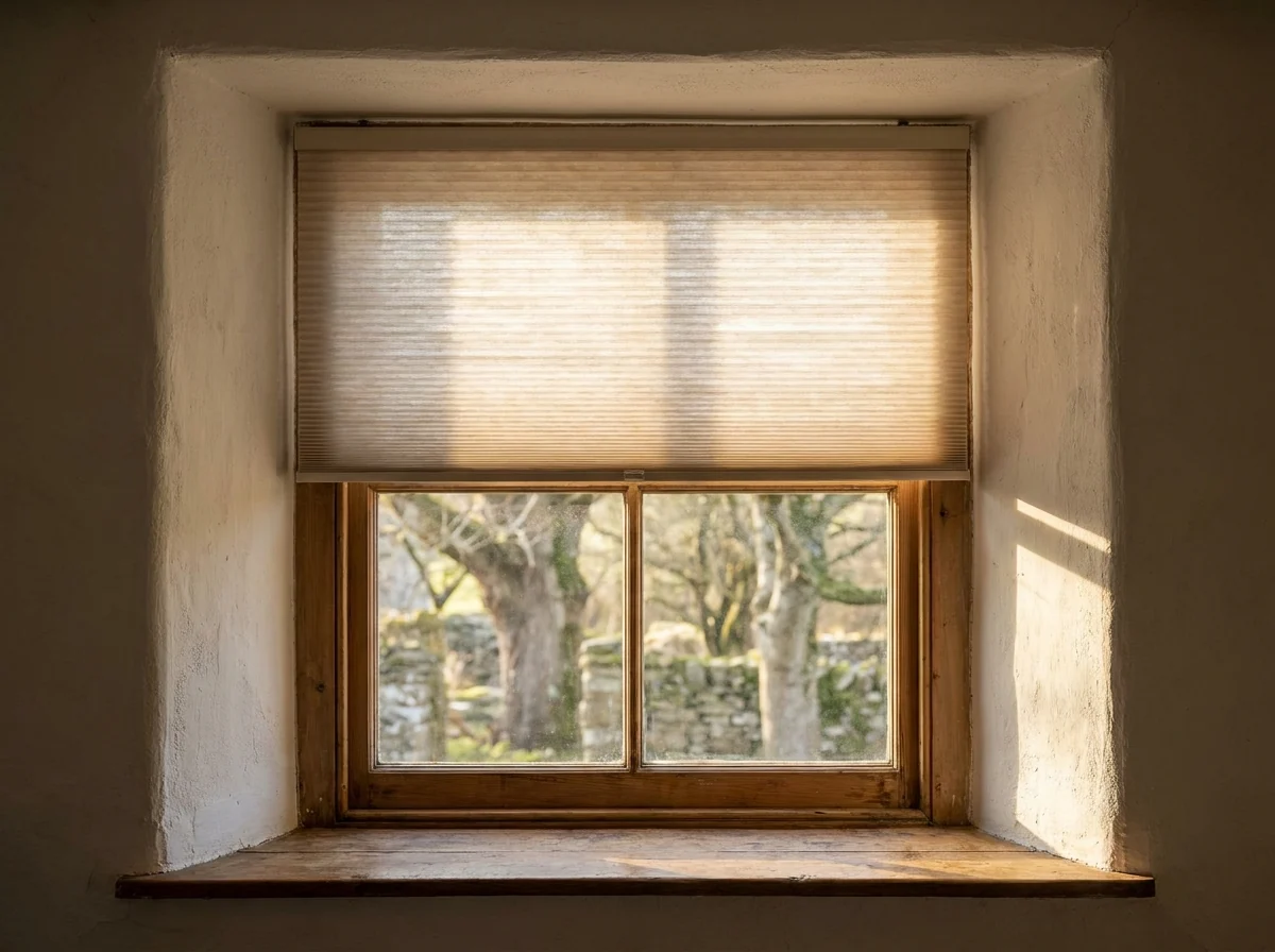 A cellular honeycomb blind lowered inside the deep whitewashed reveal of a single-glazed timber sash window in a historic Irene cottage