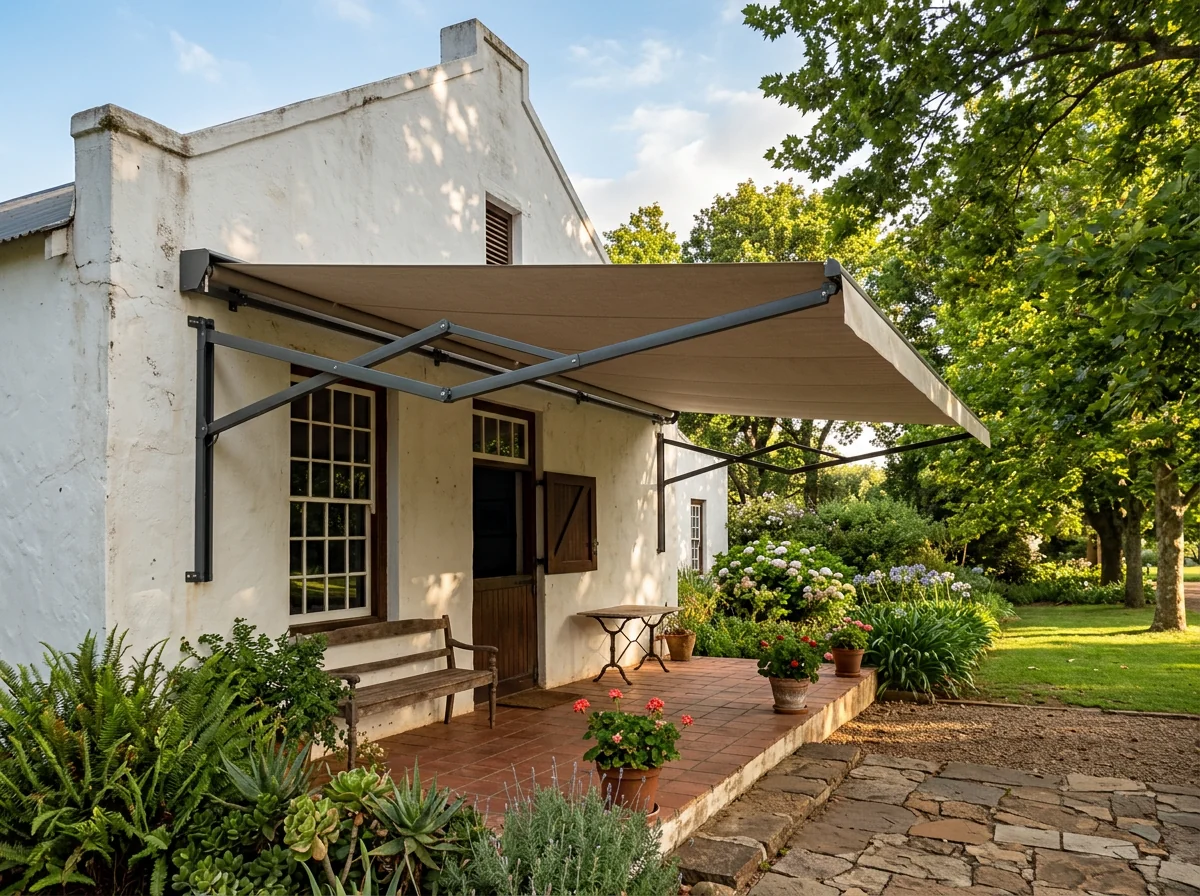 A folding-arm awning fully extended over the deep covered stoep of a heritage Irene farmhouse, no support posts, mature trees beyond