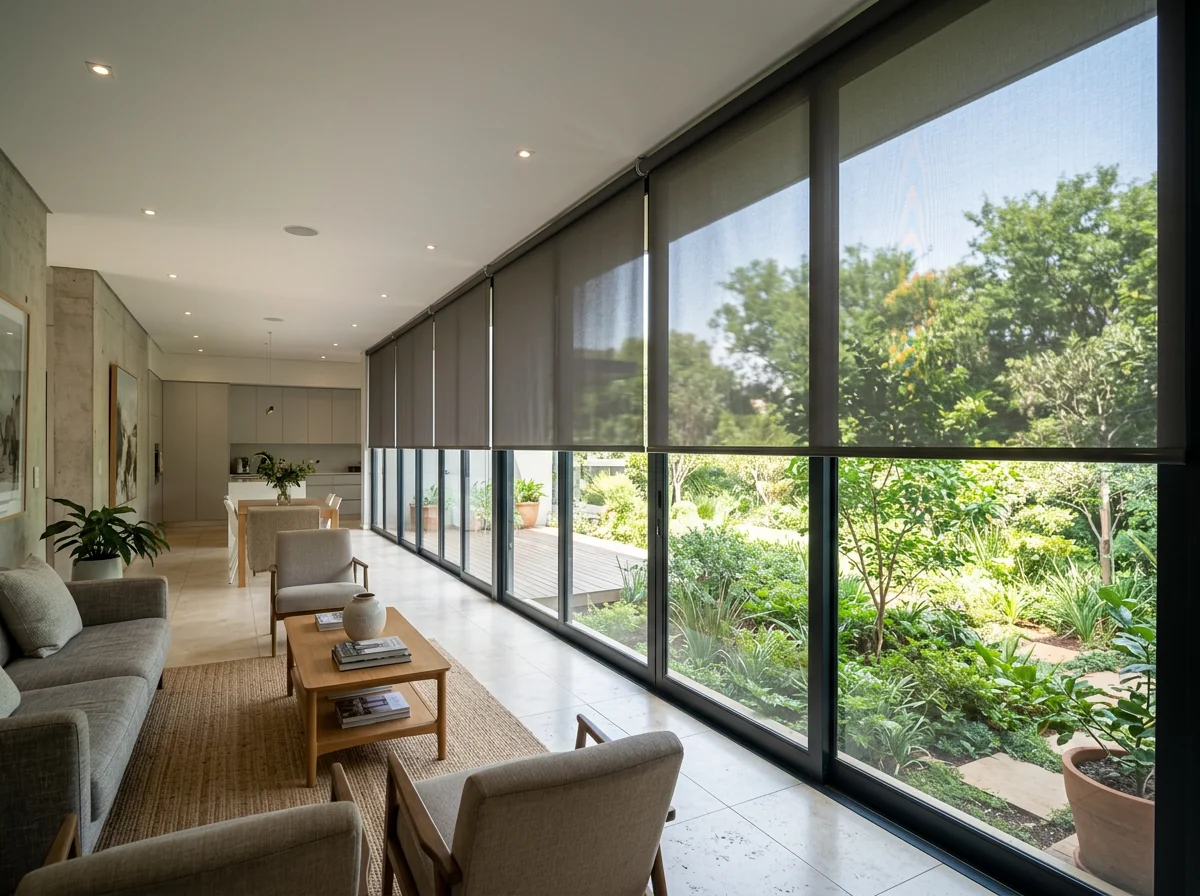 Sunscreen roller blinds half-lowered across a north-facing living-room glass wall in an Irene-area home, keeping the leafy garden view