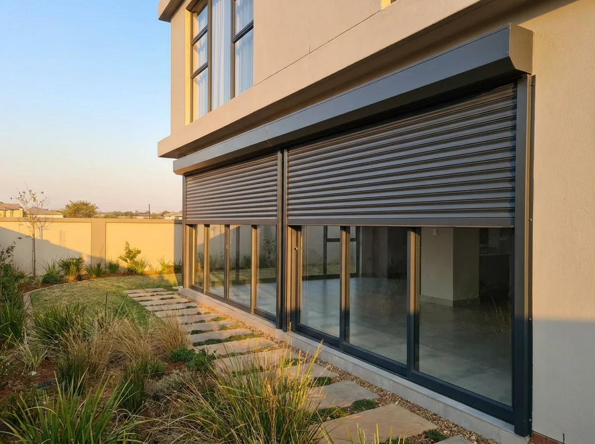 External aluminium roller shutters rolling down over a west-facing glass wall of a Centurion estate home in low afternoon sun