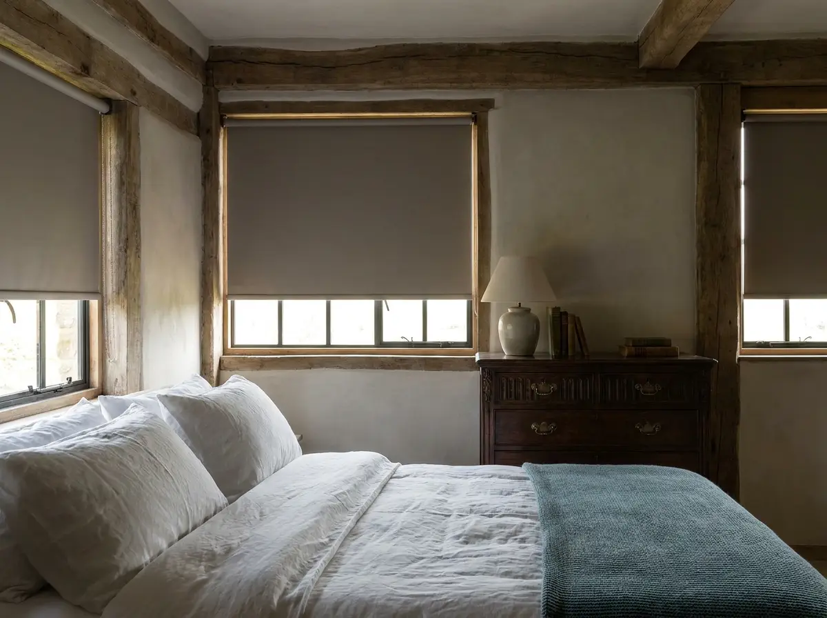 Farmhouse bedroom in Irene with blockout roller blinds under exposed timber beams