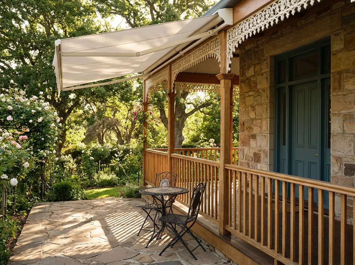 Folding-arm awning shading a heritage veranda with Victorian fretwork in Irene